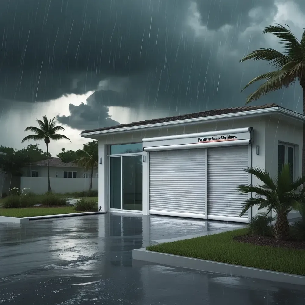 Modern home with hurricane shutters during heavy tropical storm