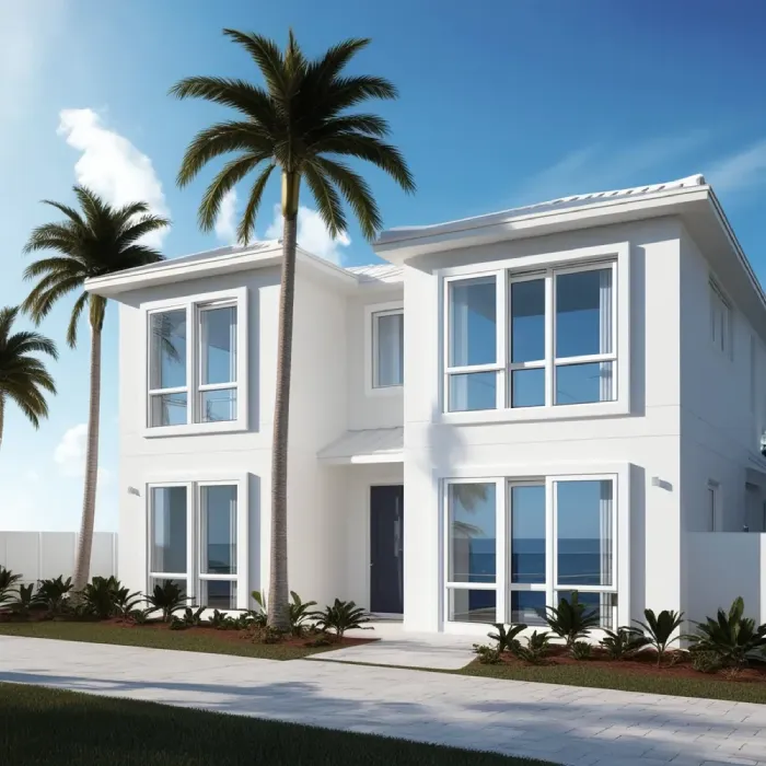 Modern tropical home with palm trees and blue sky.