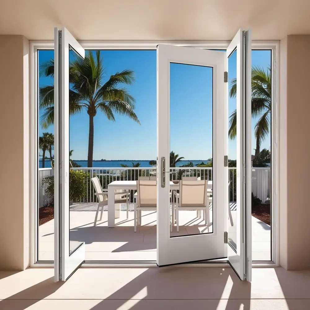 Open double doors reveal sunlit coastal patio with white furniture and ocean view—ideal for lifestyle branding.