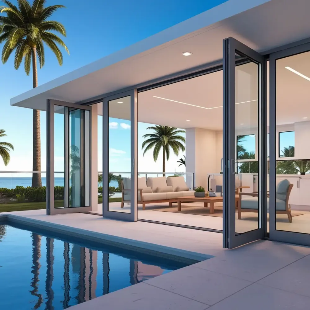 Luxury home with folding glass doors and poolside view.