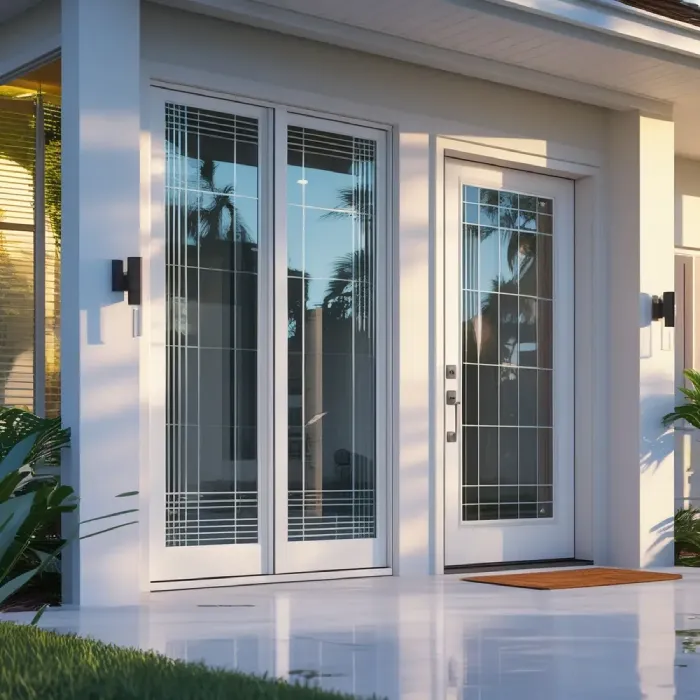 Modern patio entrance with grid-pattern glass doors, white walls, and tropical landscaping.