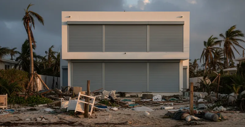 Storm-damaged building with metal shutters and debris scattered across yard after hurricane