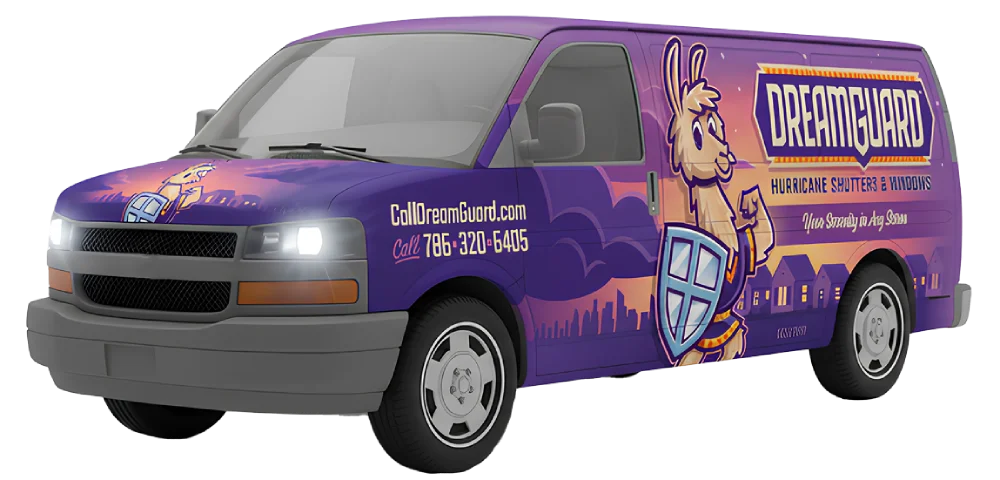 DreamGuard and Pacific Hurricane Shutters service vans in North Miami