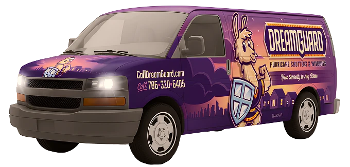 DreamGuard and Pacific Hurricane Shutters service vans in North Miami