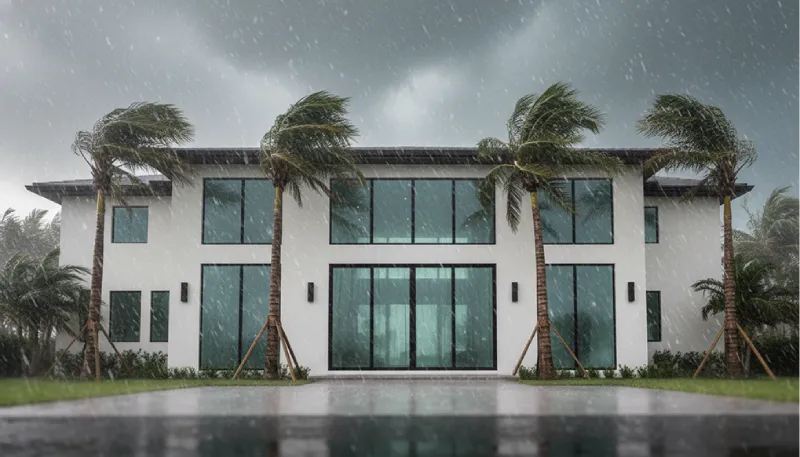 Modern house with large windows and palm trees during stormy weather