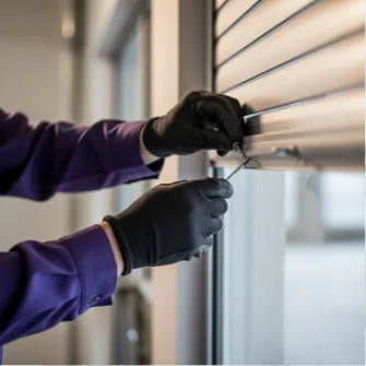 Locksmith repairing window shutter lock for security access.