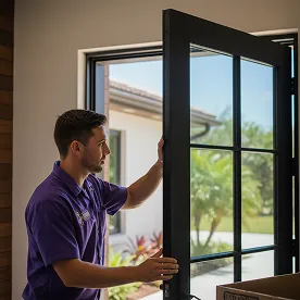 Technician in purple shirt installs black-framed glass door in tropical residential setting.
