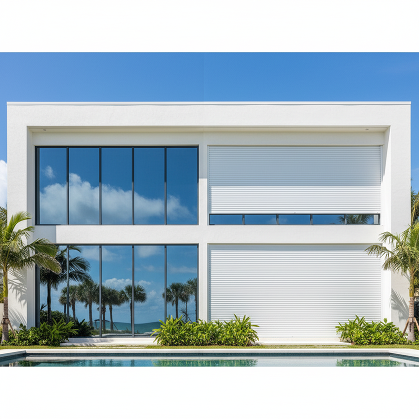 Modern minimalist home with white façade, glass windows, and poolside tropical landscaping.