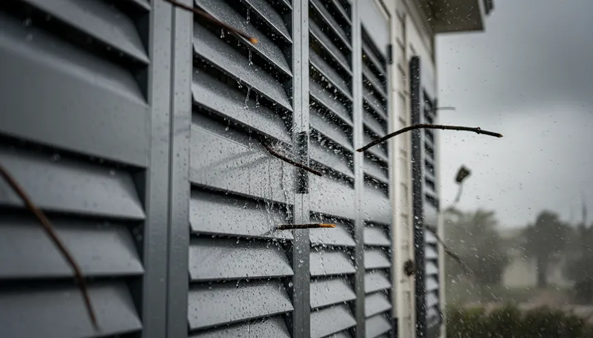 Close-up of horizontal slats on building exterior with bare branches and cloudy sky—moody architectural detail.