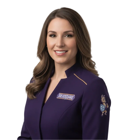 Portrait of technician Katherine in branded purple uniform with cartoon patch and name tag.