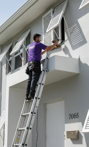 Technician installs hurricane shutters on modern two-story home exterior.