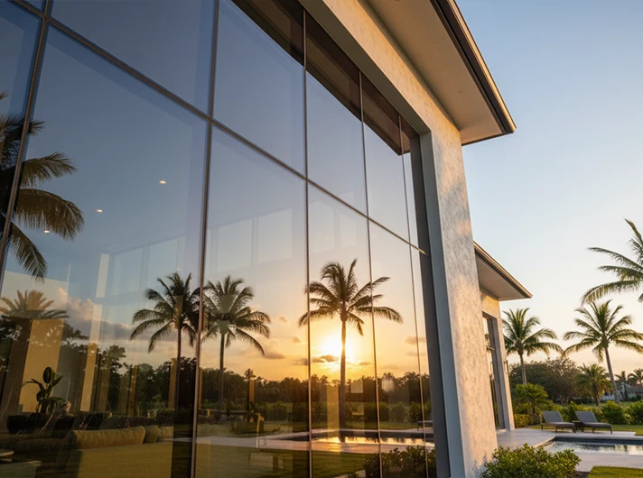 Modern building with reflective glass windows capturing sunset and palm trees—ideal for showcasing serene architectural harmony.