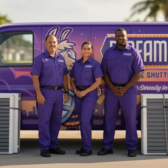 Purple-uniformed HVAC team with branded van and AC units.