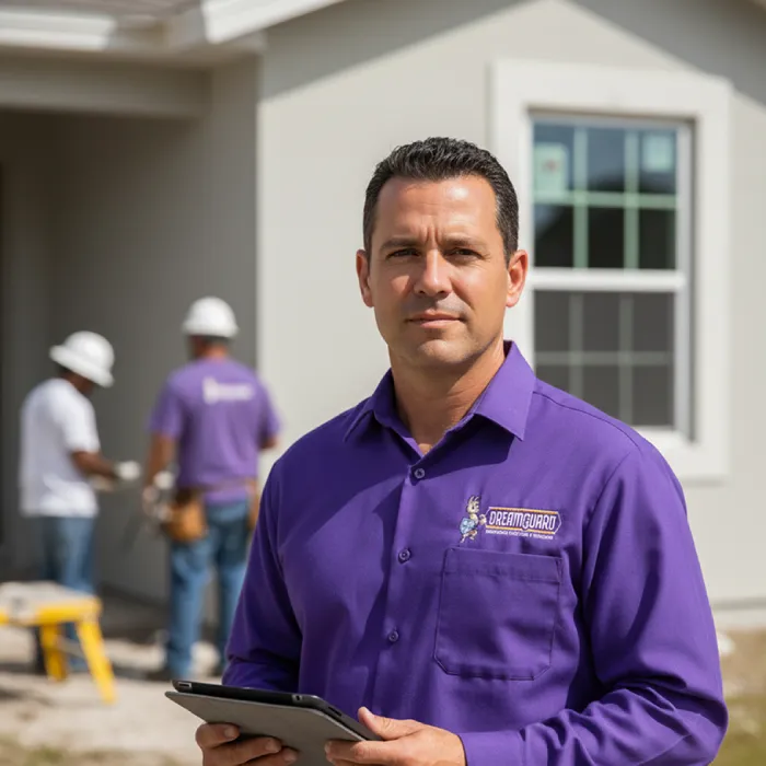 Construction supervisor in purple shirt with tablet at job site.