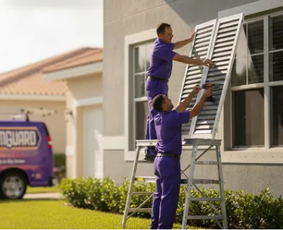 Dreamguard technicians installing hurricane shutters on suburban home window