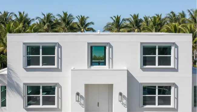 Modern white building with symmetrical windows and ocean view through upper window