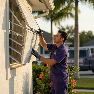 Technician in purple uniform installs metal storm shutter on residential window in tropical neighborhood.
