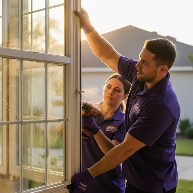 Window installation team in purple uniforms at suburban home.