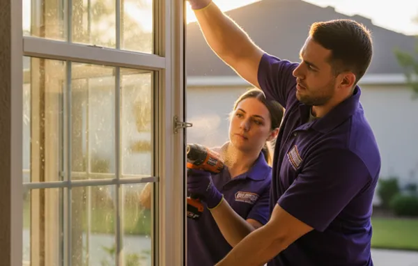Technicians in purple shirts installing window with power drill in residential setting