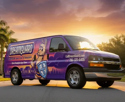 DreamGuard and Pacific Hurricane Shutters service vans in North Miami