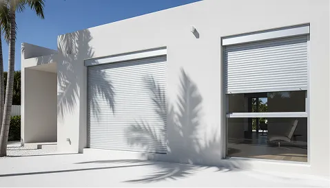 Minimalist white building with roller shutters and palm tree shadows in sunny setting