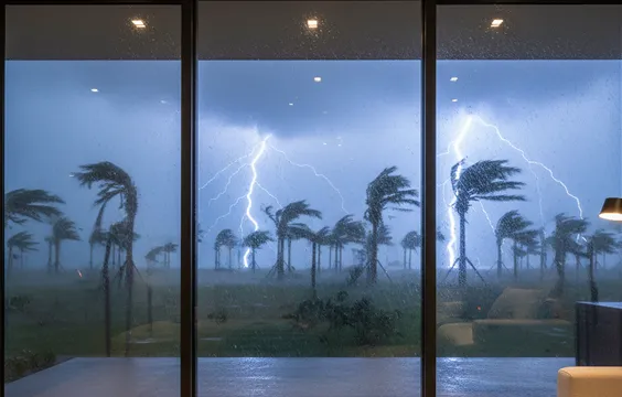 Thunderstorm with lightning and bent palm trees viewed through glass windows from modern living room