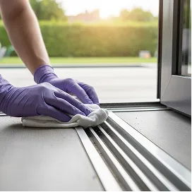 Technician in purple gloves cleans sliding door track with white cloth in sunlit outdoor setting.