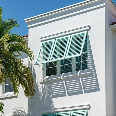 White building with green louvered shutters casting shadows on sunny tropical day