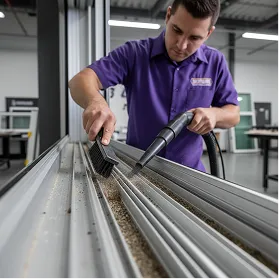 Technician in purple shirt vacuums metal tracks in industrial setting for precision cleaning.
