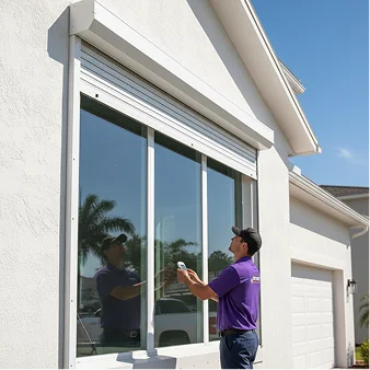 Technician in purple shirt inspects white roller shutter on residential window under sunny tropical sky.