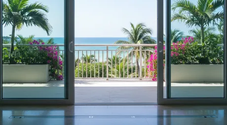 Ocean view from balcony with pink flowers and palm trees