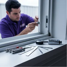 Locksmith in purple shirt repairs lock with precision tools laid out in foreground.