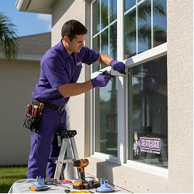 Technician in purple uniform performs window maintenance with tool belt and ladder in tropical residential setting.
