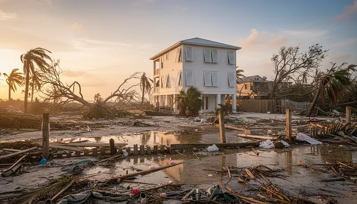 Three-story white house standing amid hurricane debris and flood damage at sunset