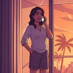 Person on phone at sunset, tropical view through glass door.