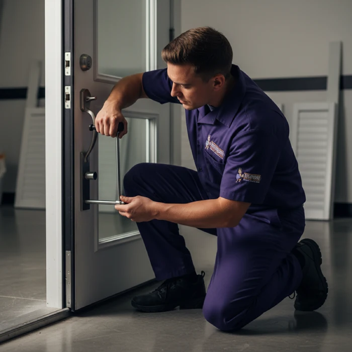 Locksmith kneeling to repair glass door lock mechanism.