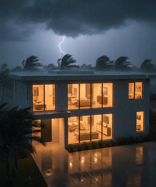 Modern house with warm interior lighting during nighttime thunderstorm and lightning