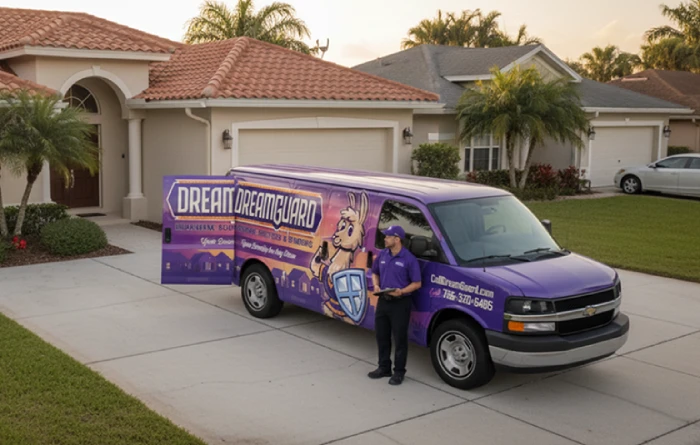 DreamGuard and Pacific Hurricane Shutters service vans in North Miami