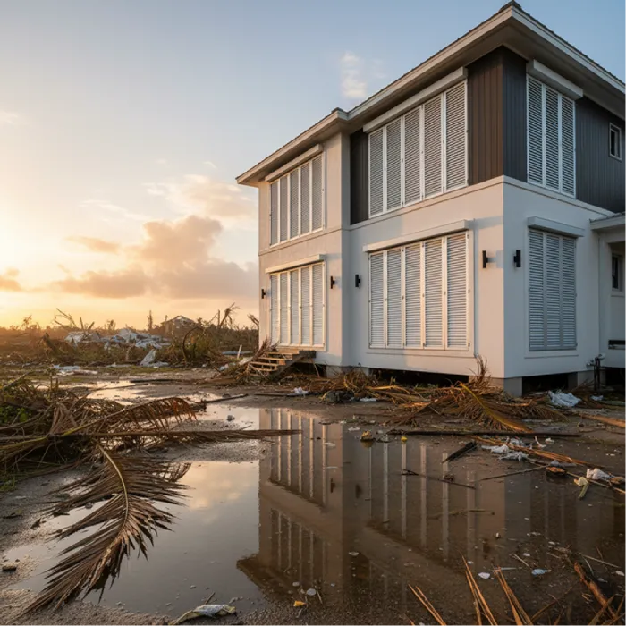 Resilient white house with closed shutters surrounded by hurricane debris and fallen palm fronds