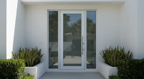 Modern glass entrance with aluminum frame and symmetrical planters outside white building