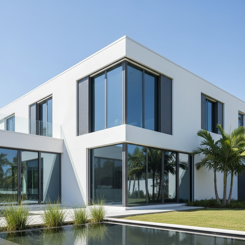 Modern minimalist house with palm trees and water feature