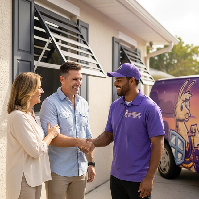 Homeowners greet purple-uniformed service tech with branded van.
