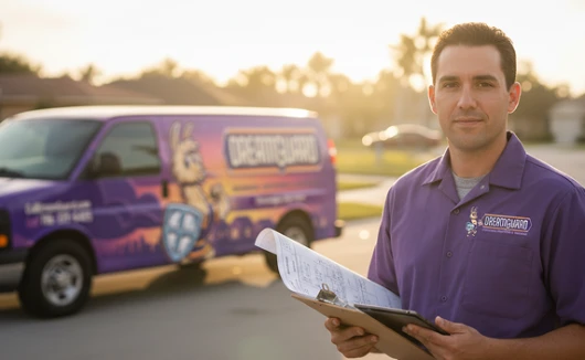 DreamGuard hurricane protection technician beside branded service van at sunset